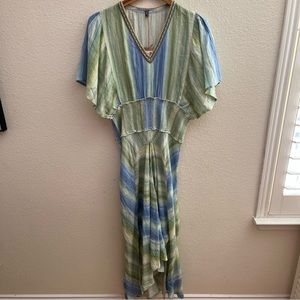 NWT Anthropologie Bl^nk Aulina Blue Green and Gold Smocked Midi Dress, XL